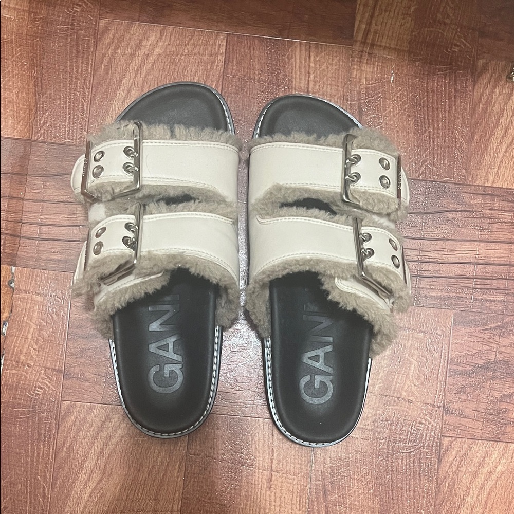 Ganni Women's furry buckle slides